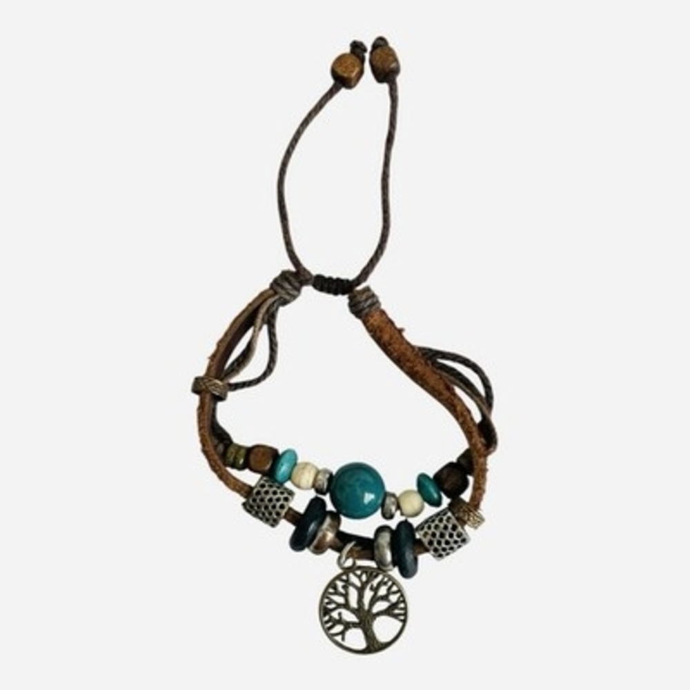 Tree of Life Charm Brown Leather Double Layer Beaded Bracelet Unisex Adjustable - Picture 4 of 4